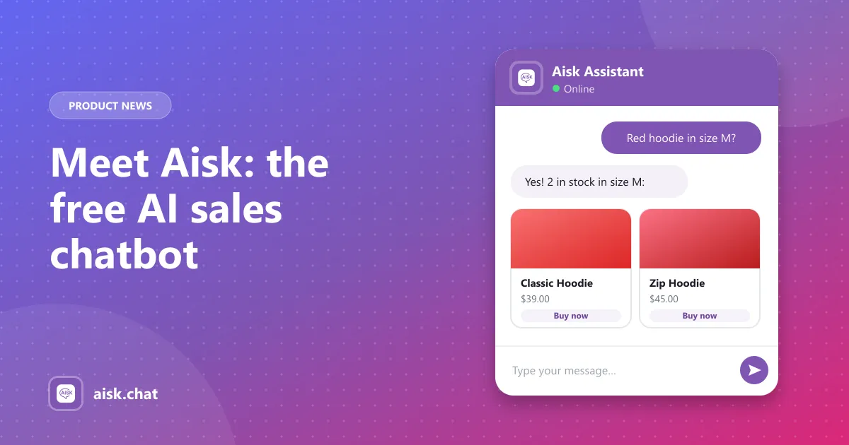Aisk chat widget recommending two red hoodies in size M